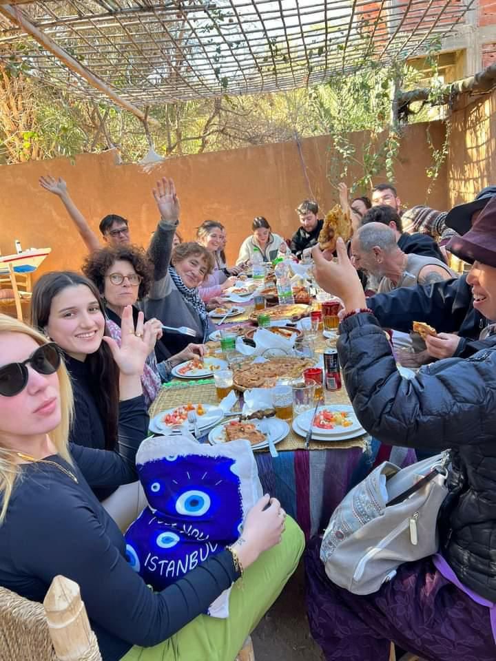 Group lunch in a Moroccan garden